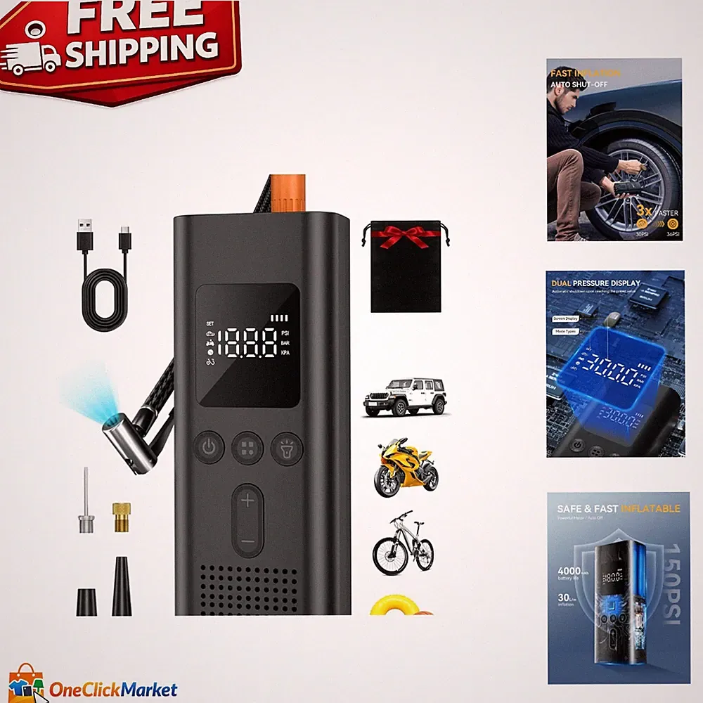 150 PSI Cordless Tire Inflator - Fast, Portable Air Compressor with LED Light