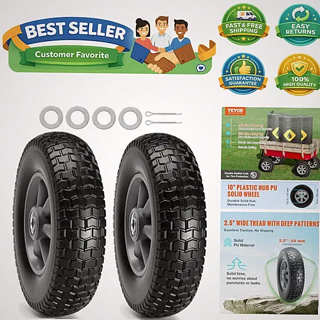 2-Pack 10" x 2.5" Solid Rubber Tire Wheels, 10 inch Tire and Wheel Flat Free...