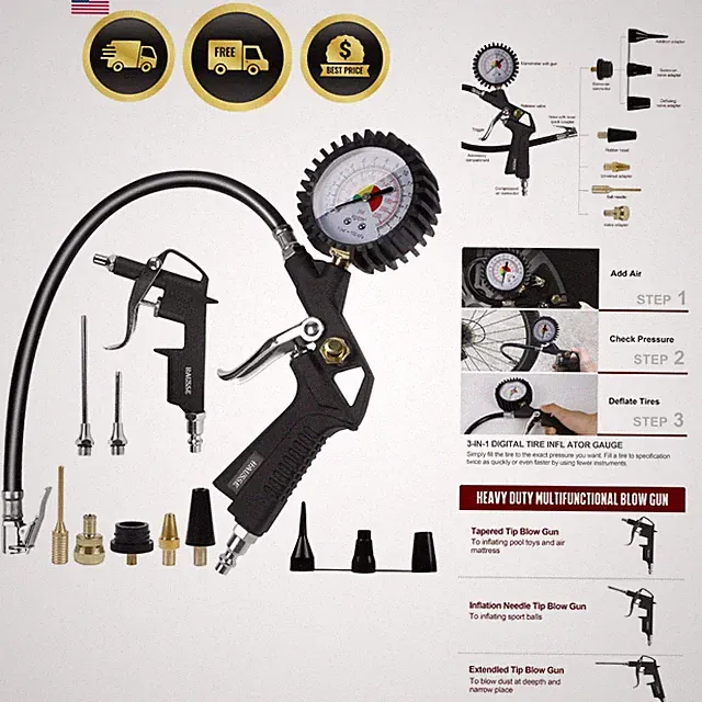 Air Compressor Accessory Kit with Blow Gun Tire Inflator Gauge Nozzles