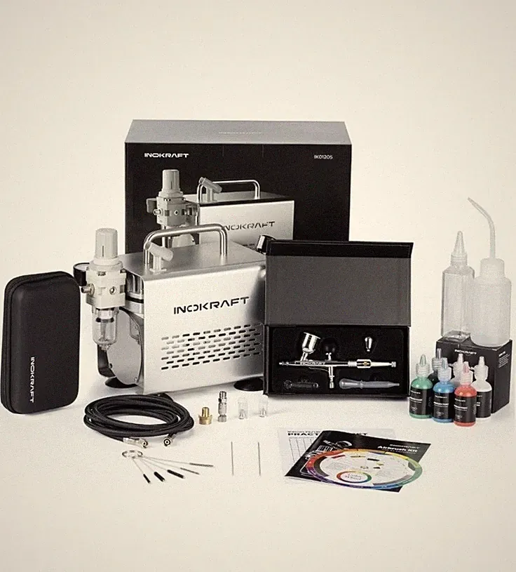 Airbrush Kit with Air Compressor- 1/6 HP Quiet Air Compressor, Gravity NO PAINT