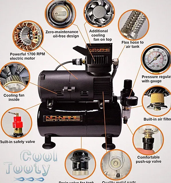Cool Tooty Quiet Airbrush Compressor by NO-NAME Brand w/ air tank oilless design